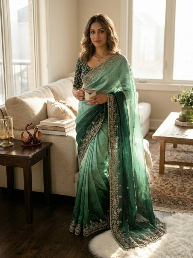Image of Multi Soft Frendy Chiffon Embroidery Sequins Wedding Reception Party Festival Casual Heavy Border Sarees