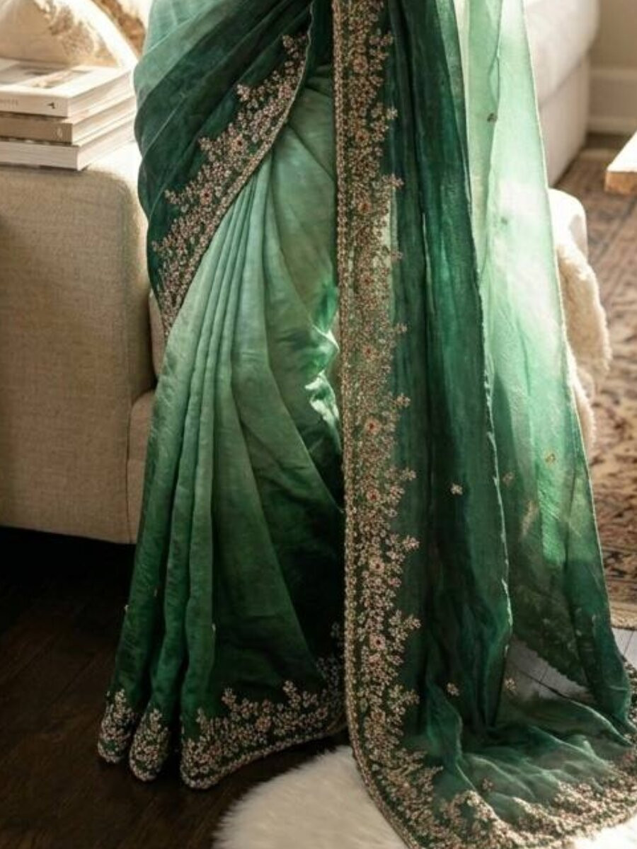Multi Soft Frendy Chiffon Embroidery Sequins Wedding Reception Party Festival Casual Heavy Border Sarees