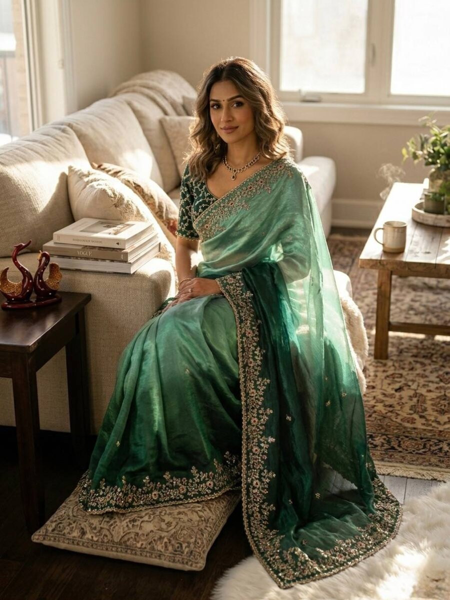 Multi Soft Frendy Chiffon Embroidery Sequins Wedding Reception Party Festival Casual Heavy Border Sarees