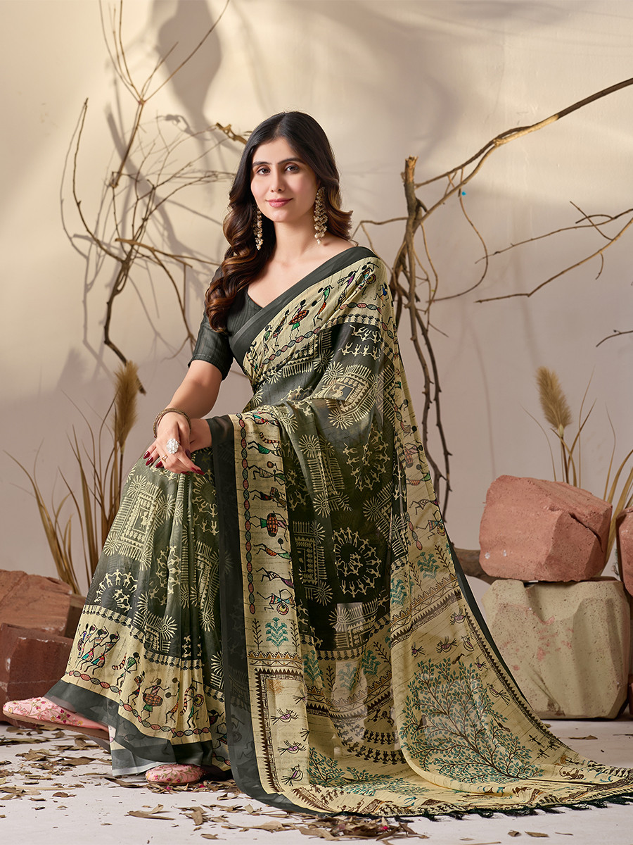 Multi Soft Georgette Printed Wedding Reception Party Festival Casual Heavy Border Sarees