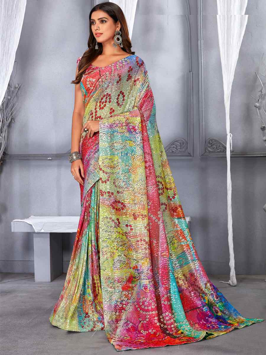 Multi Soft Net Embroidered Party Festival Classic Style Saree