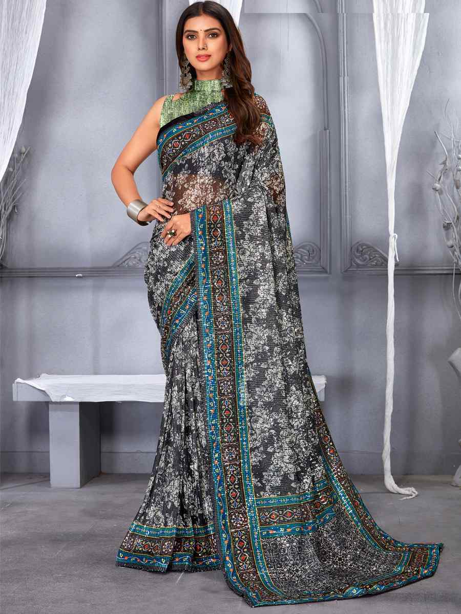 Multi Soft Net Embroidered Party Festival Classic Style Saree