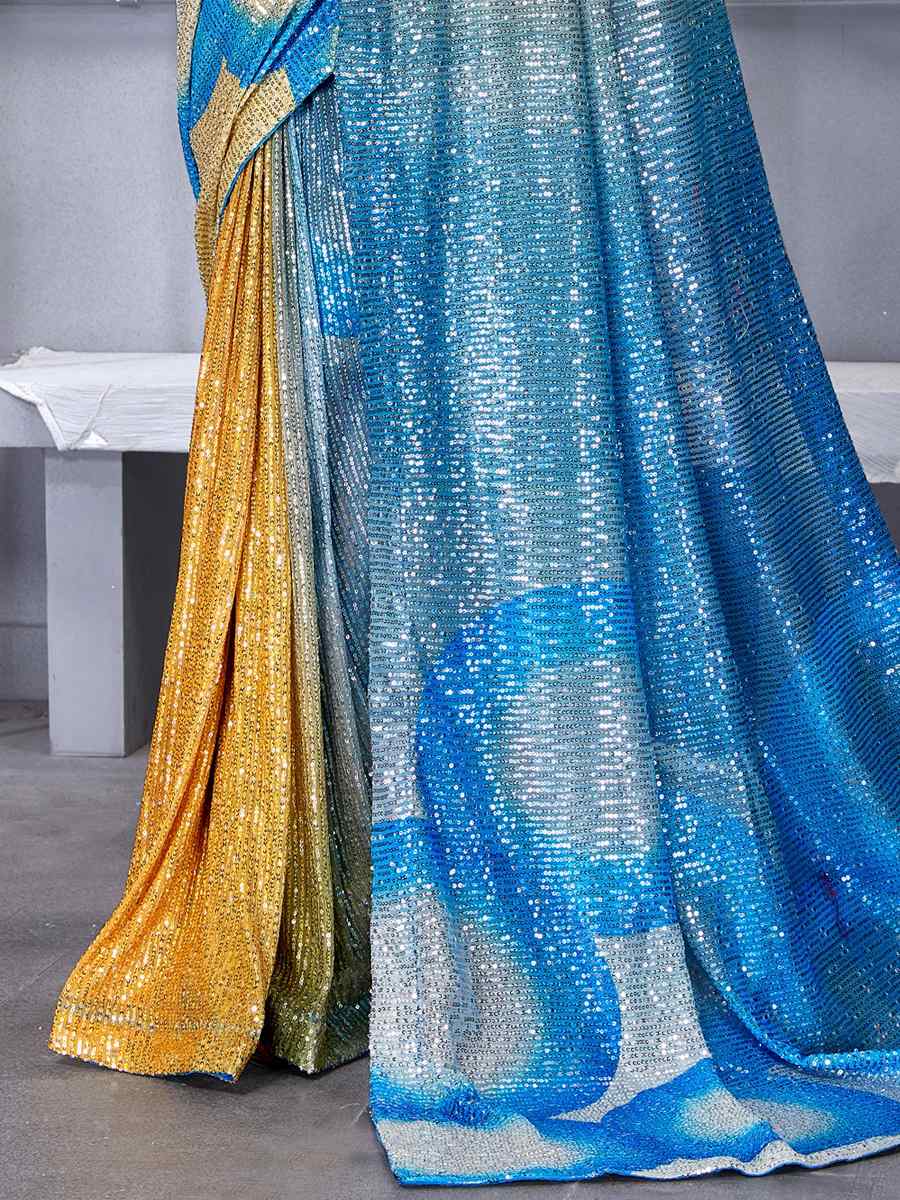 Multi Soft Net Embroidered Party Festival Classic Style Saree