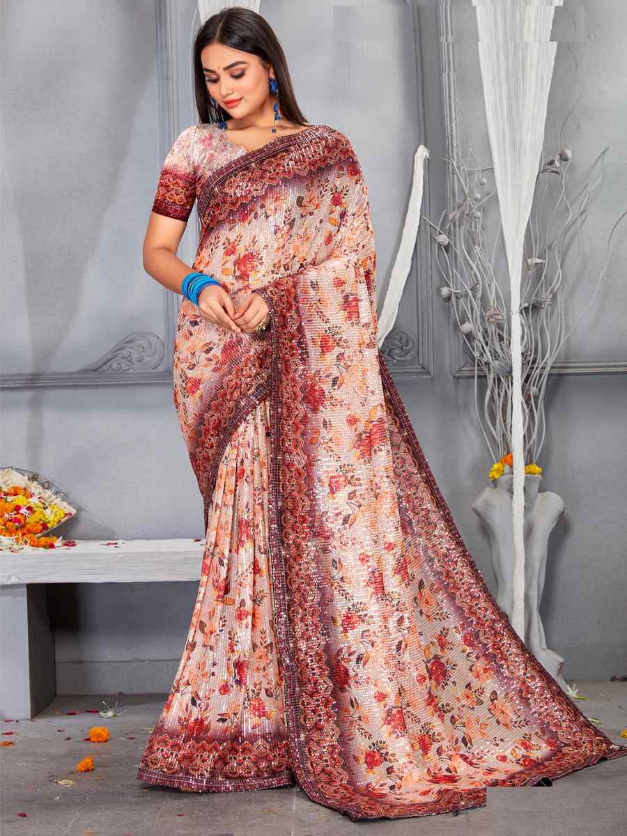 Multi Soft Net Embroidered Party Festival Classic Style Saree