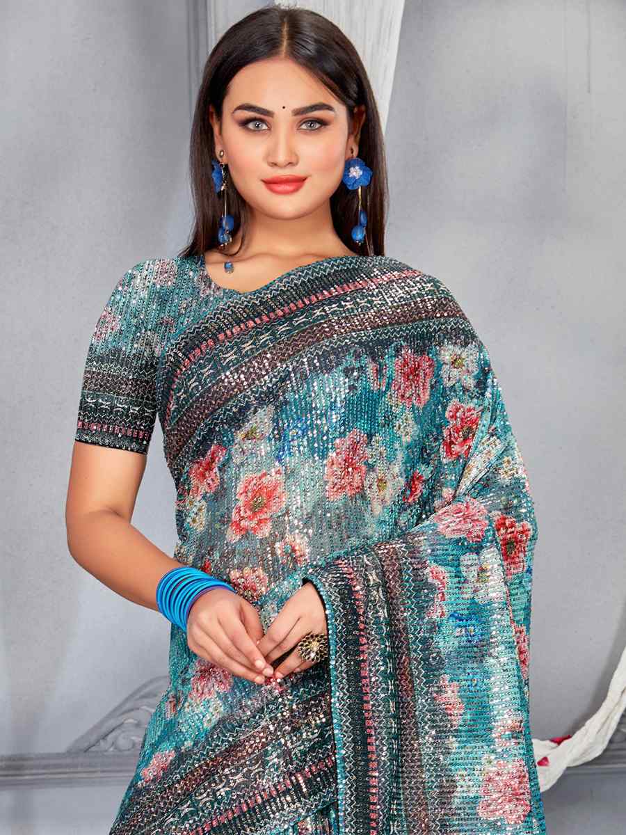 Multi Soft Net Embroidered Party Festival Classic Style Saree