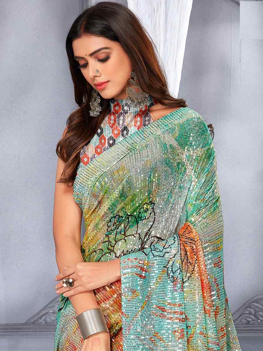 Multi Soft Net Embroidered Party Festival Classic Style Saree