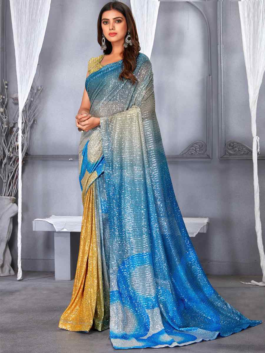 Multi Soft Net Embroidered Party Festival Classic Style Saree