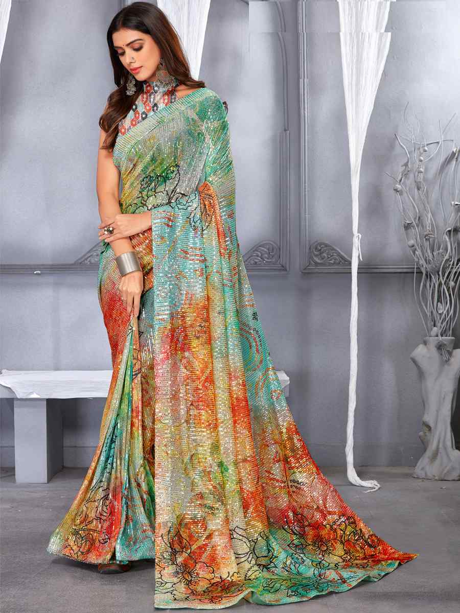 Multi Soft Net Embroidered Party Festival Classic Style Saree
