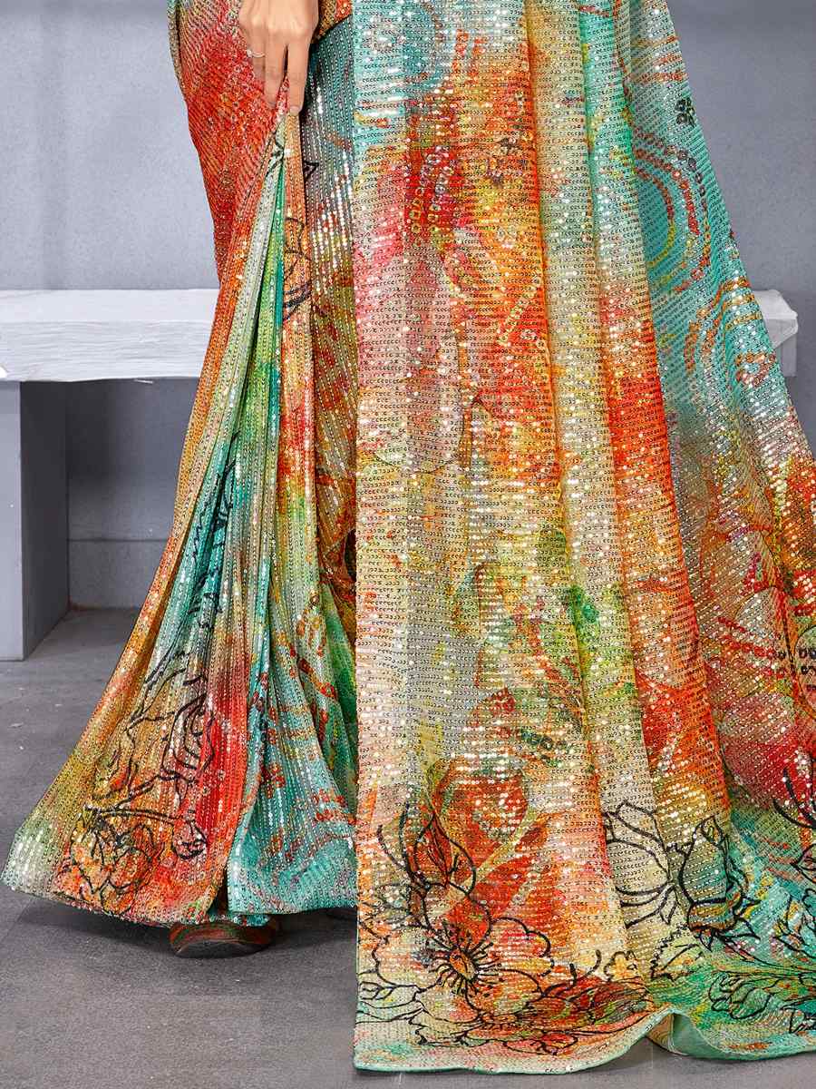 Multi Soft Net Embroidered Party Festival Classic Style Saree