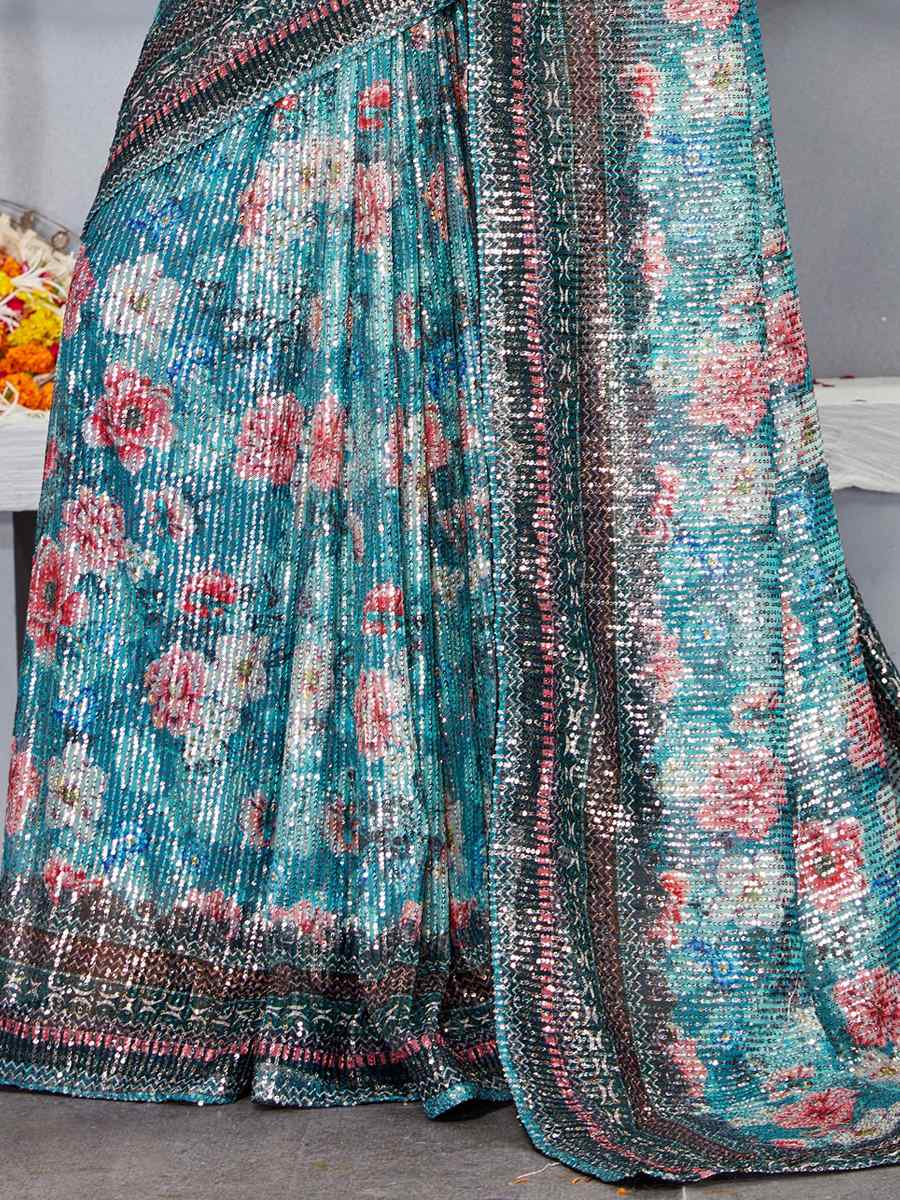 Multi Soft Net Embroidered Party Festival Classic Style Saree