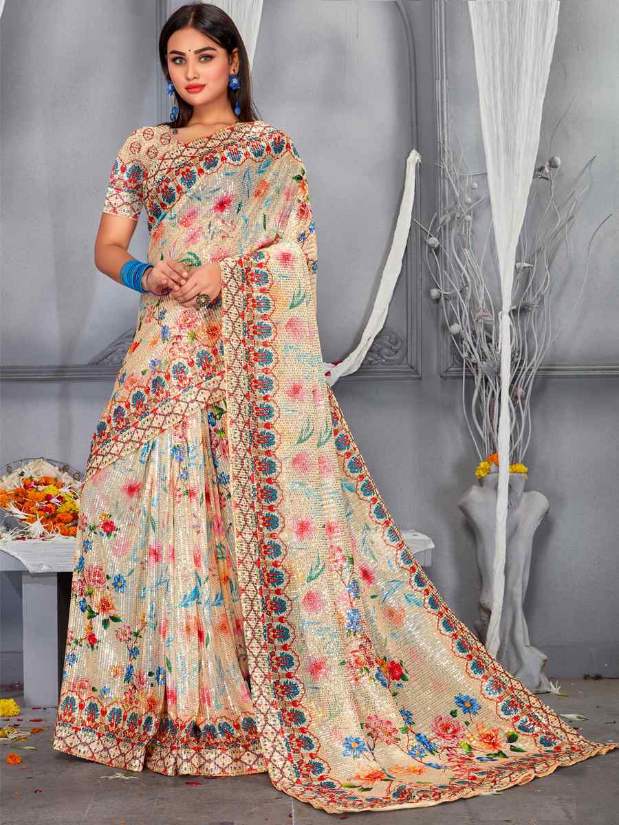Multi Soft Net Embroidered Party Festival Classic Style Saree