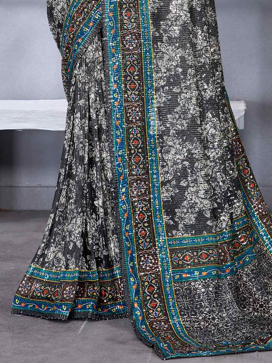 Multi Soft Net Embroidered Party Festival Classic Style Saree