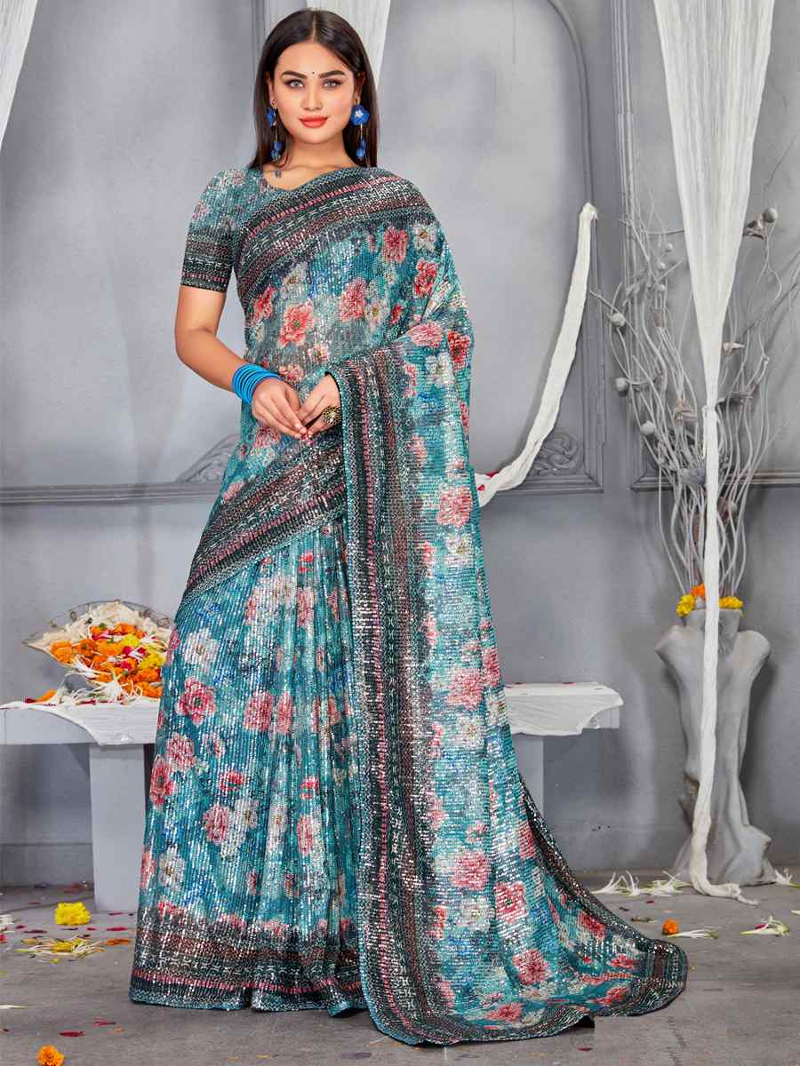 Multi Soft Net Embroidered Party Festival Classic Style Saree