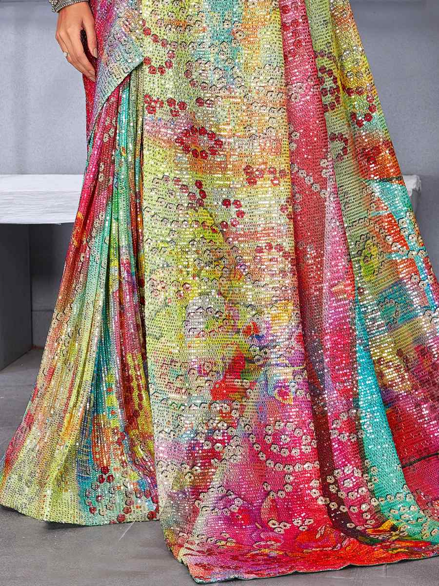 Multi Soft Net Embroidered Party Festival Classic Style Saree