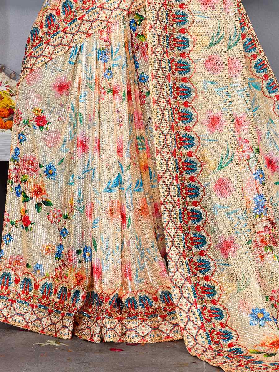 Multi Soft Net Embroidered Party Festival Classic Style Saree