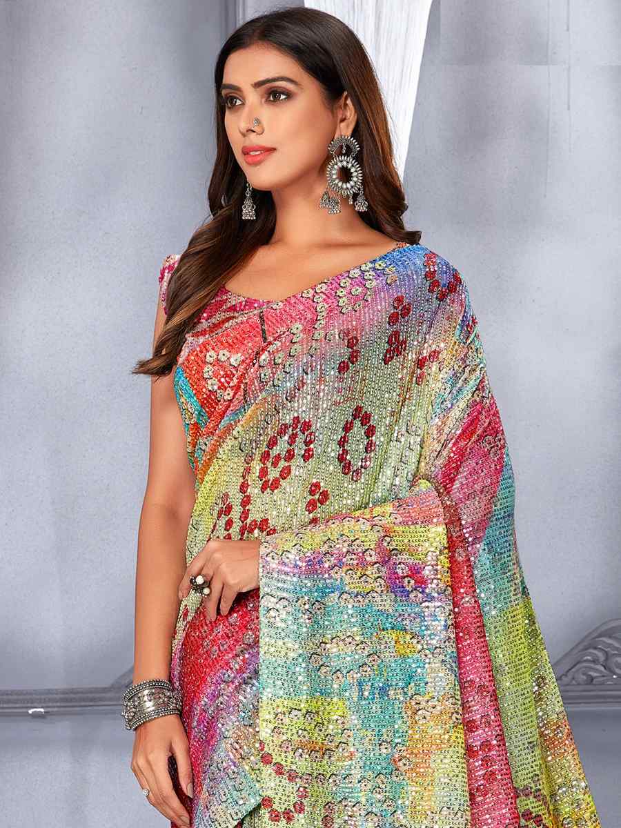 Multi Soft Net Embroidered Party Festival Classic Style Saree