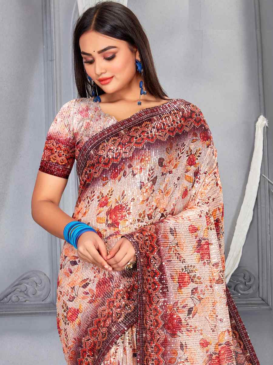 Multi Soft Net Embroidered Party Festival Classic Style Saree