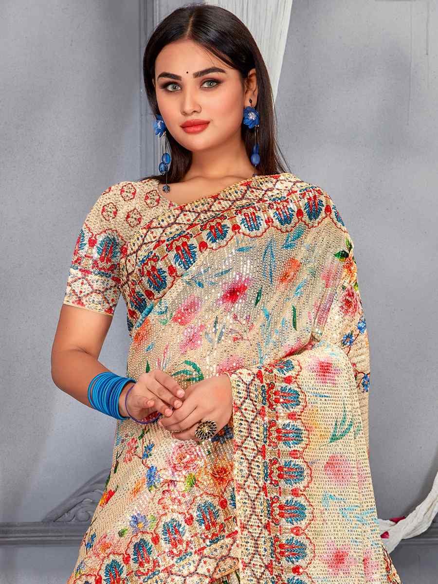 Multi Soft Net Embroidered Party Festival Classic Style Saree