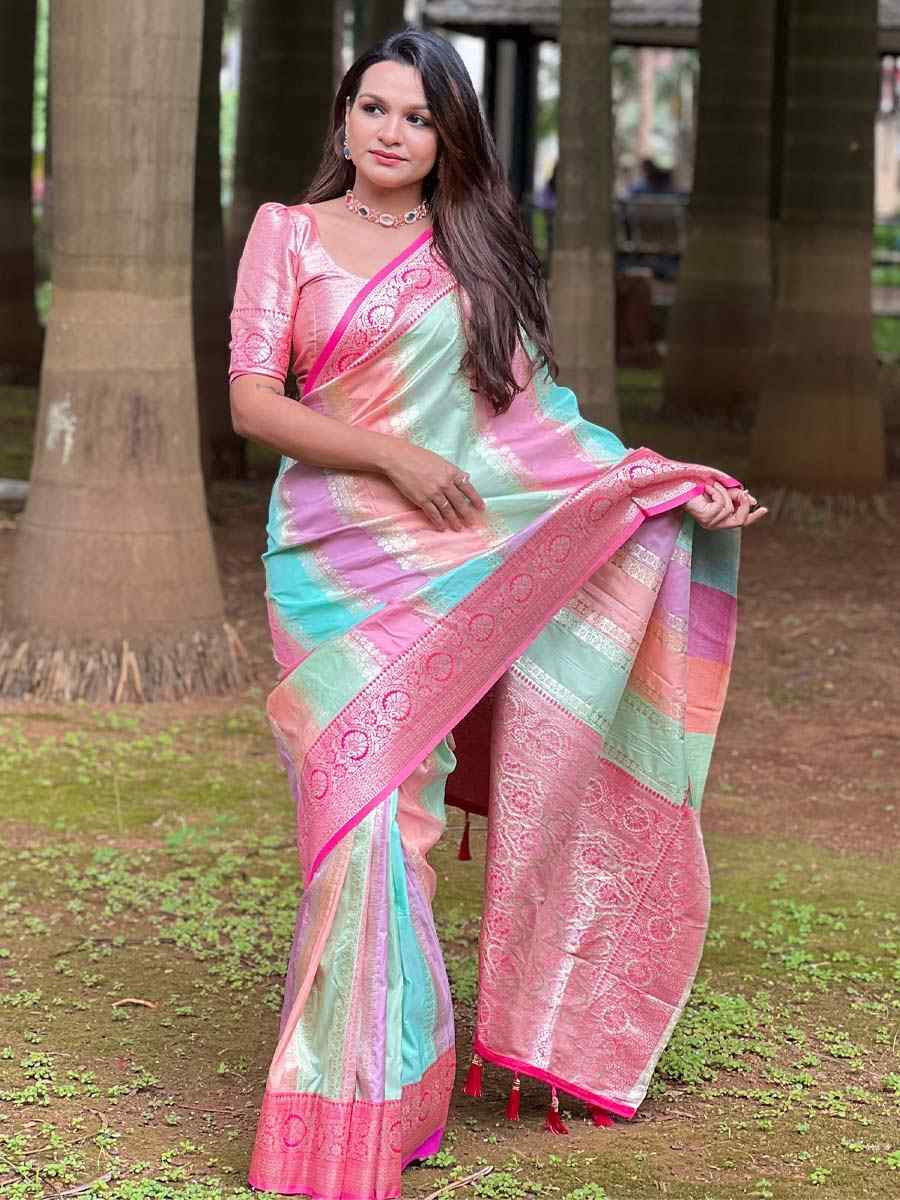 Multi Soft Pathani Silk Handwoven Festival Wedding Fancy Heavy Border Saree