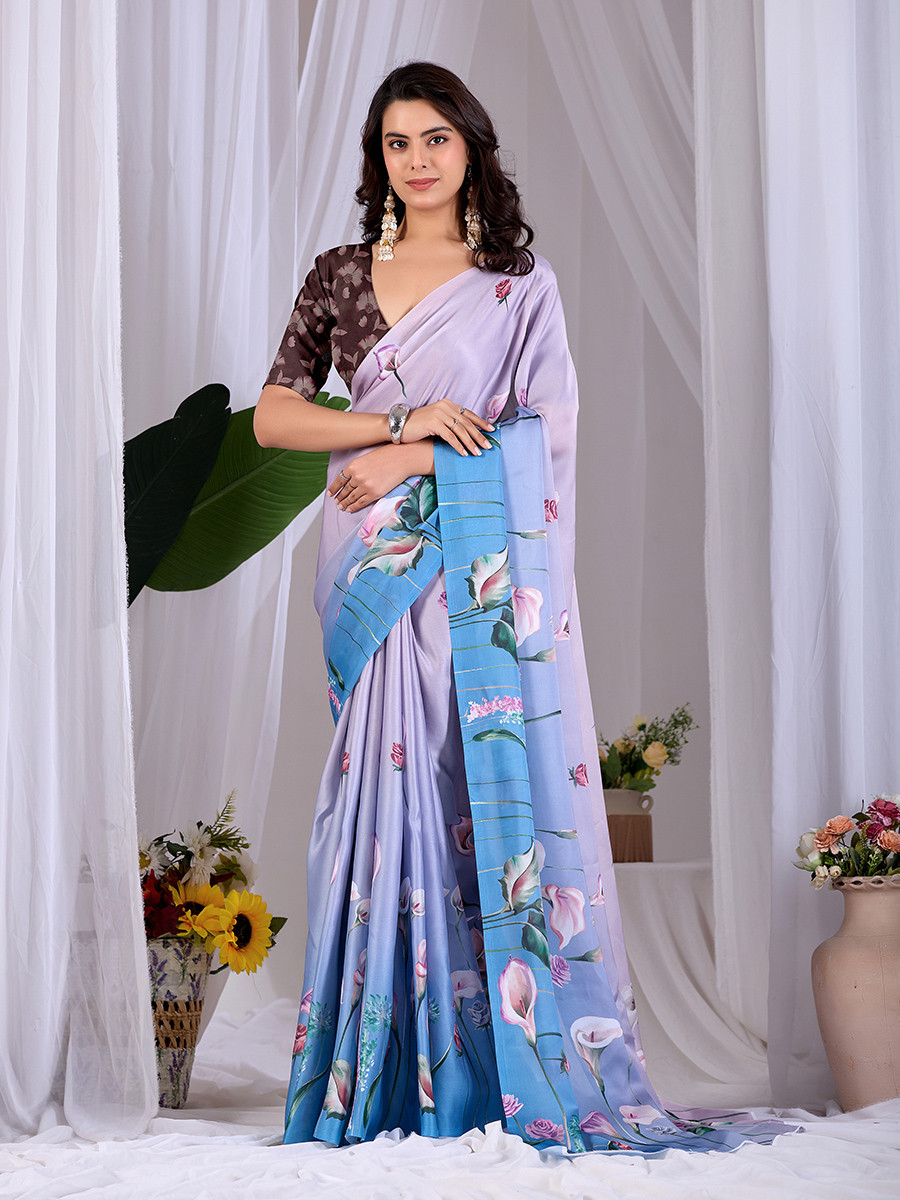 Multi Soft Satin Georgette Printed Wedding Reception Party Festival Casual Heavy Border Sarees