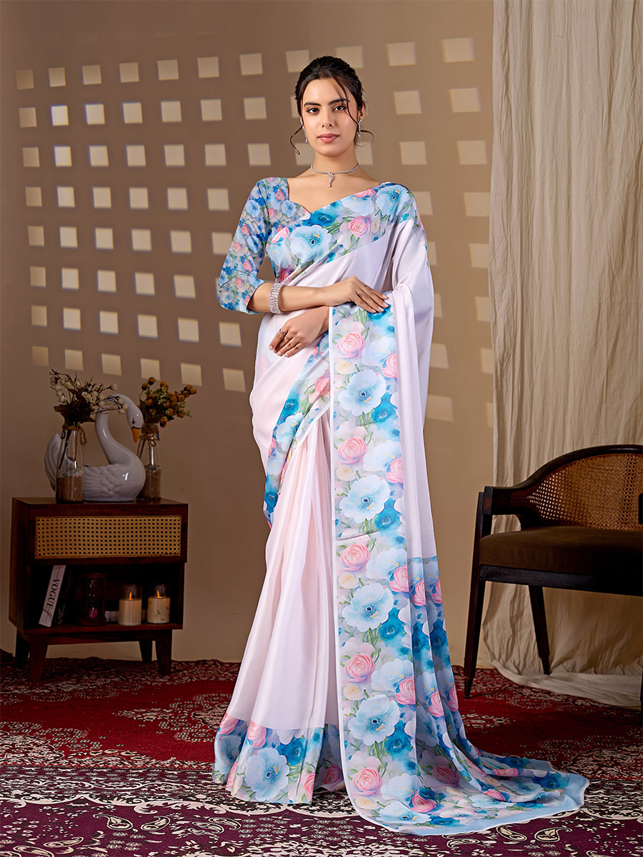 Multi Soft Satin Georgette Printed Wedding Reception Party Festival Casual Heavy Border Sarees