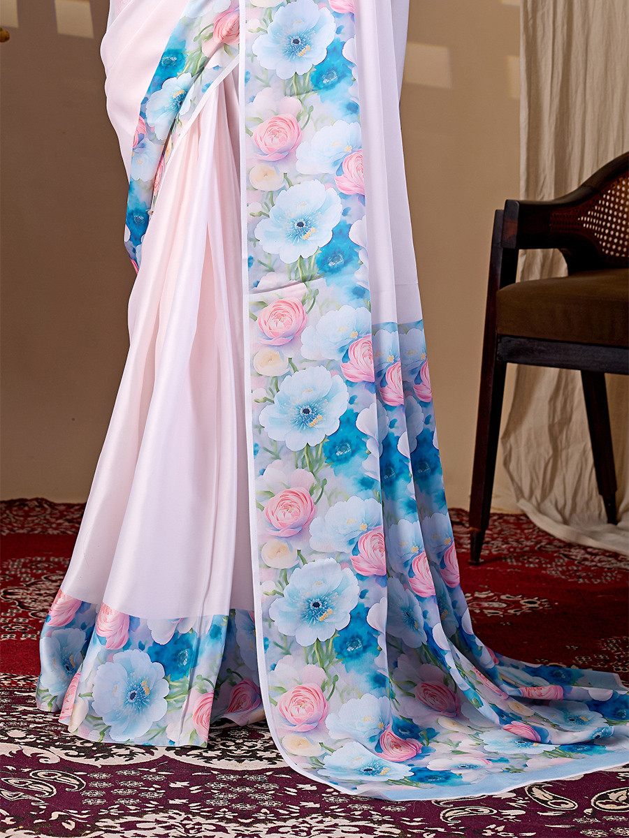 Multi Soft Satin Georgette Printed Wedding Reception Party Festival Casual Heavy Border Sarees