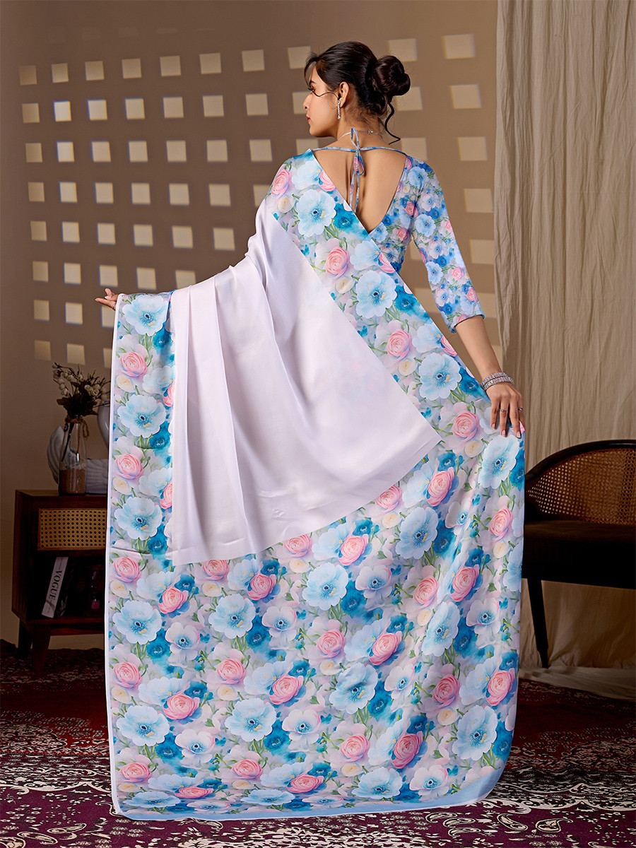 Multi Soft Satin Georgette Printed Wedding Reception Party Festival Casual Heavy Border Sarees