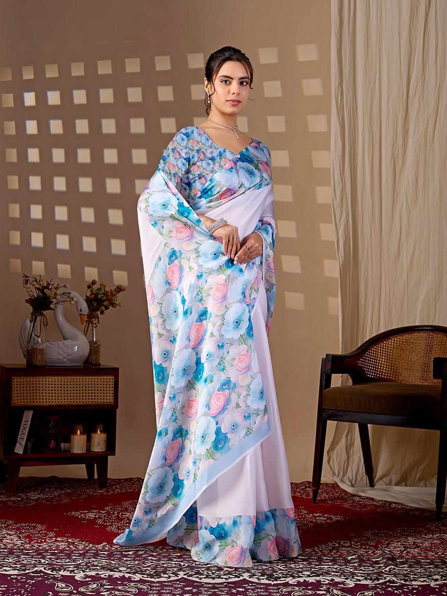 Multi Soft Satin Georgette Printed Wedding Reception Party Festival Casual Heavy Border Sarees