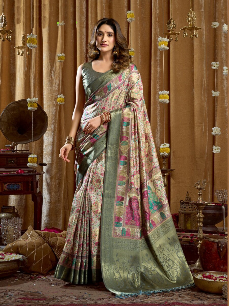 Image of Multi Soft Silk Blend Printed Wedding Reception Party Festival Casual Heavy Border Sarees