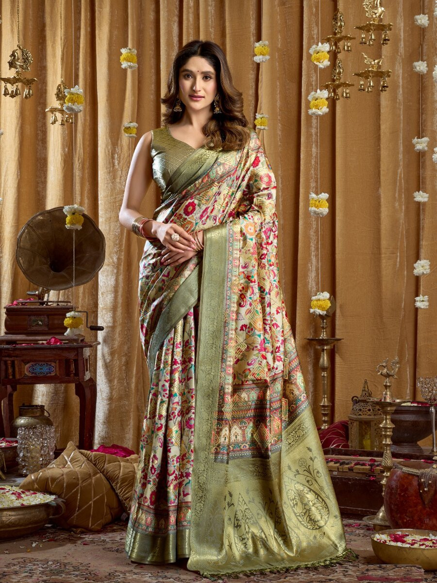 Multi Soft Silk Blend Printed Wedding Reception Party Festival Casual Heavy Border Sarees