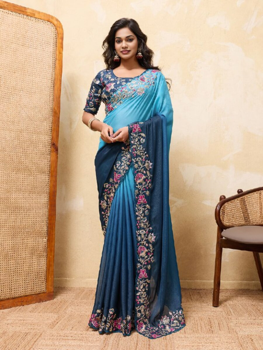 Multi Soft Star Georgette Embroidery Wedding Reception Party Casual Festival Heavy Border Sarees