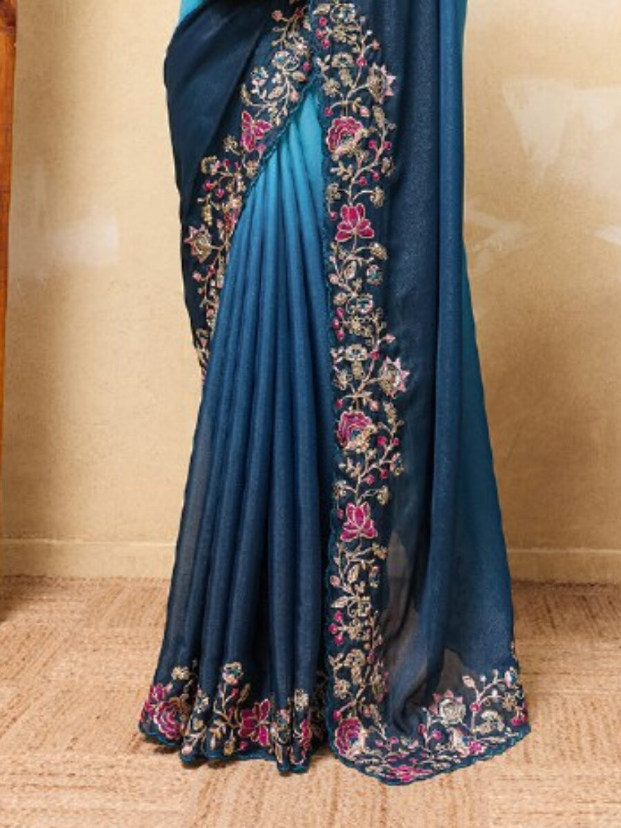 Multi Soft Star Georgette Embroidery Wedding Reception Party Casual Festival Heavy Border Sarees
