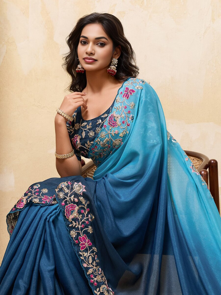 Multi Soft Star Georgette Embroidery Wedding Reception Party Casual Festival Heavy Border Sarees