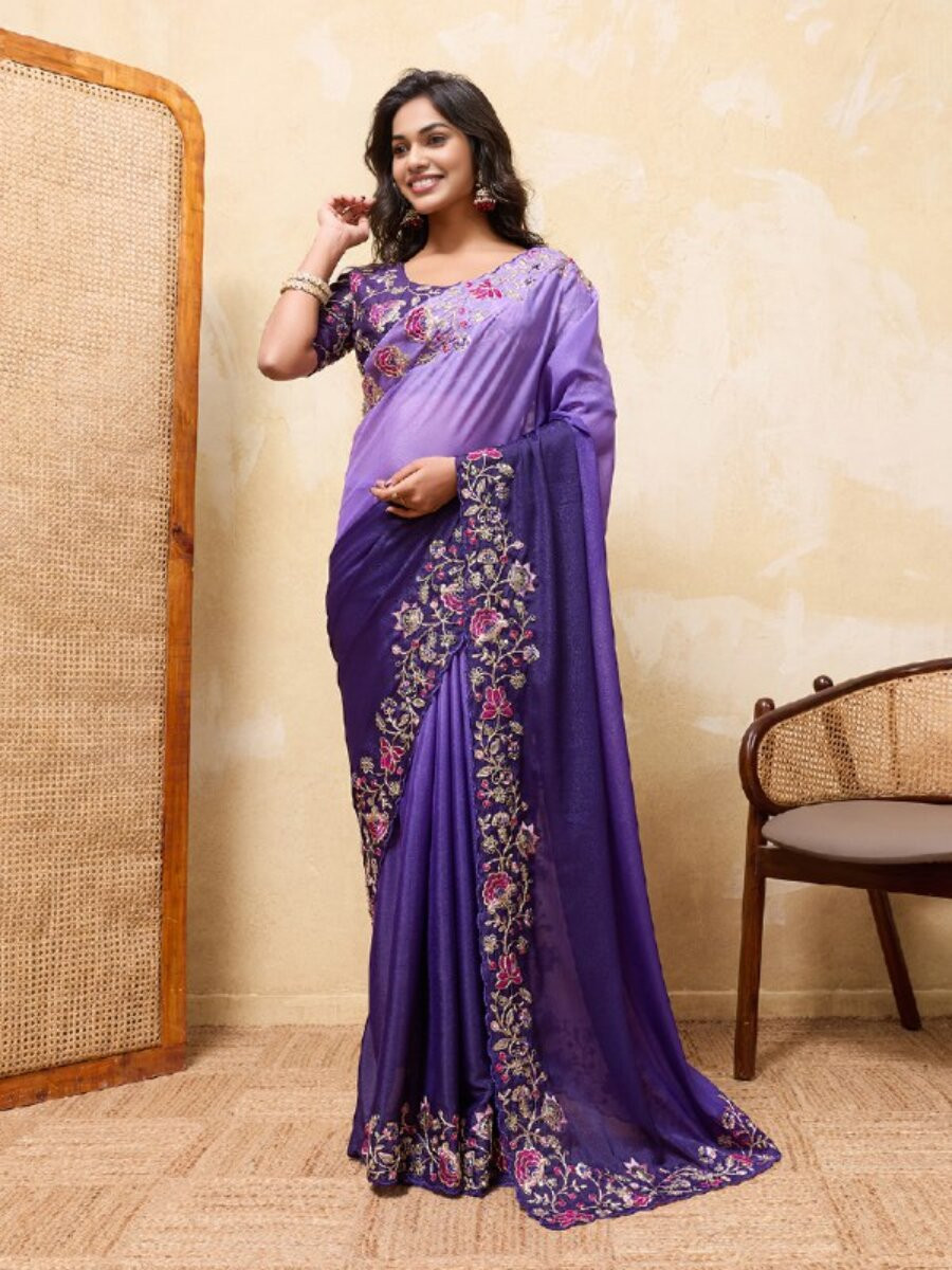 Multi Soft Star Georgette Embroidery Wedding Reception Party Casual Festival Heavy Border Sarees