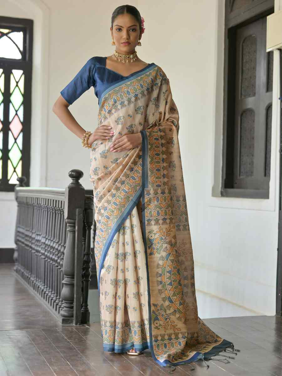 Multi Soft Tussar Silk Printed Festival Wedding Fancy Heavy Border Saree
