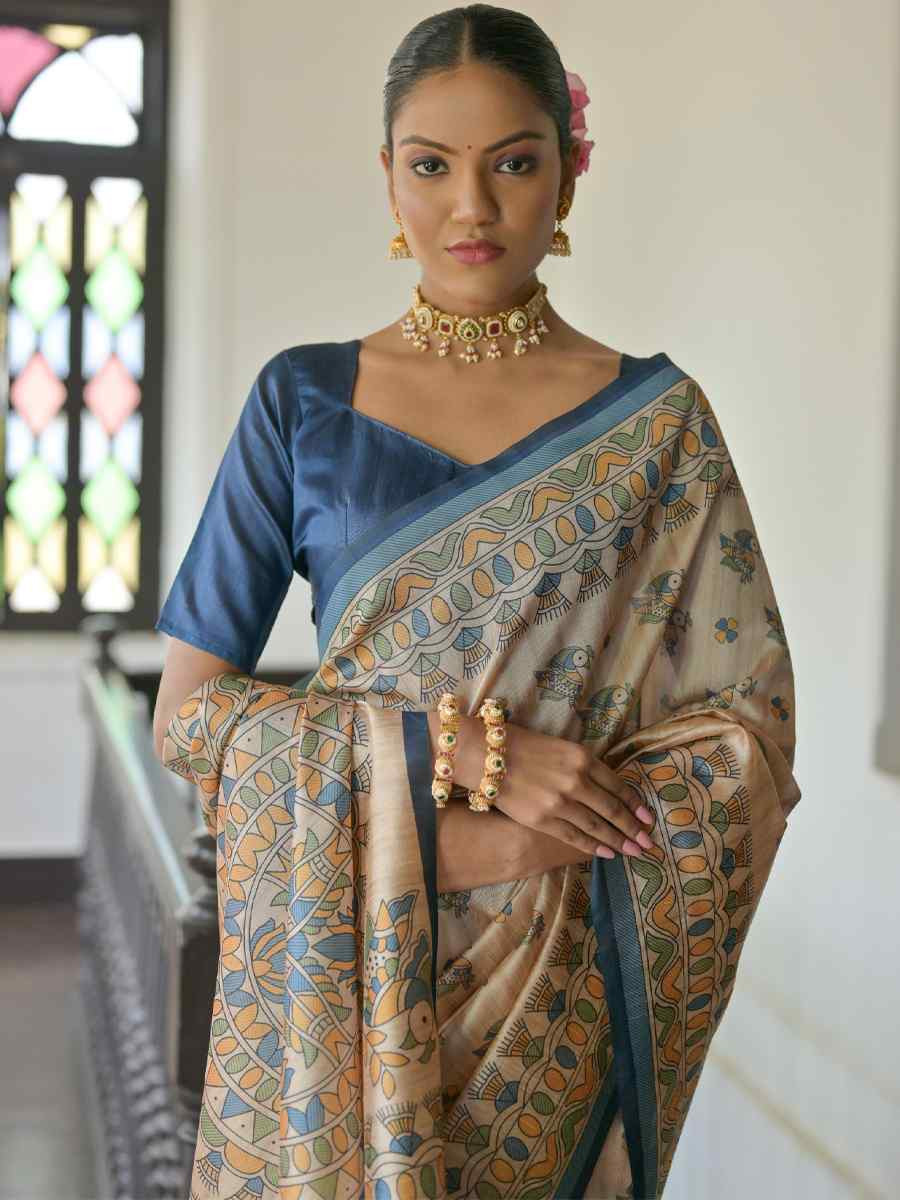 Multi Soft Tussar Silk Printed Festival Wedding Fancy Heavy Border Saree