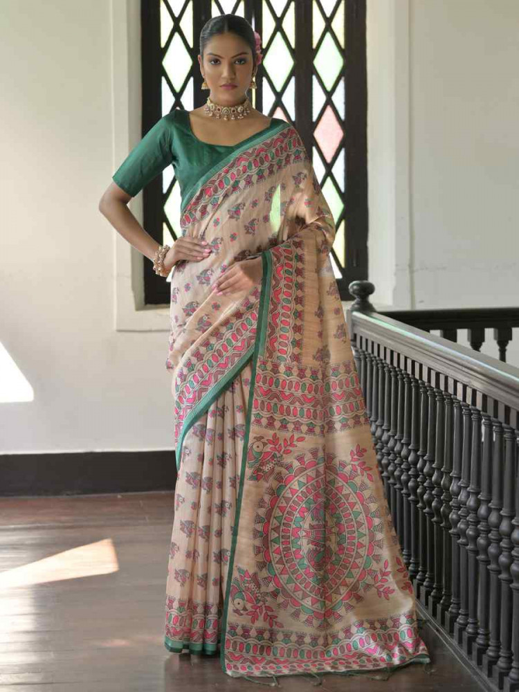 Image of Multi Soft Tussar Silk Printed Festival Wedding Fancy Heavy Border Saree