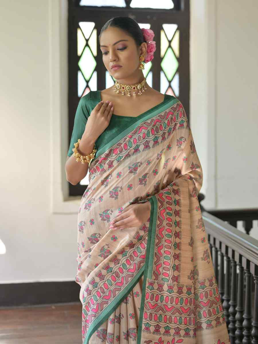 Multi Soft Tussar Silk Printed Festival Wedding Fancy Heavy Border Saree