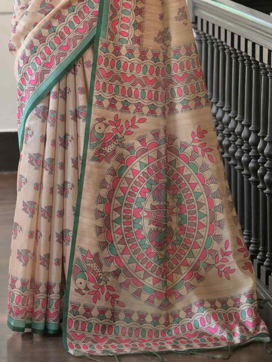 Multi Soft Tussar Silk Printed Festival Wedding Fancy Heavy Border Saree