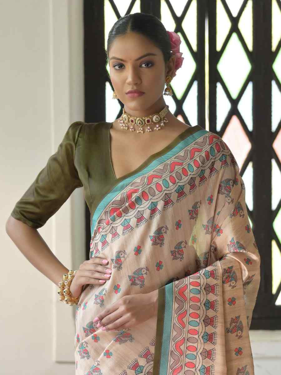 Multi Soft Tussar Silk Printed Festival Wedding Fancy Heavy Border Saree