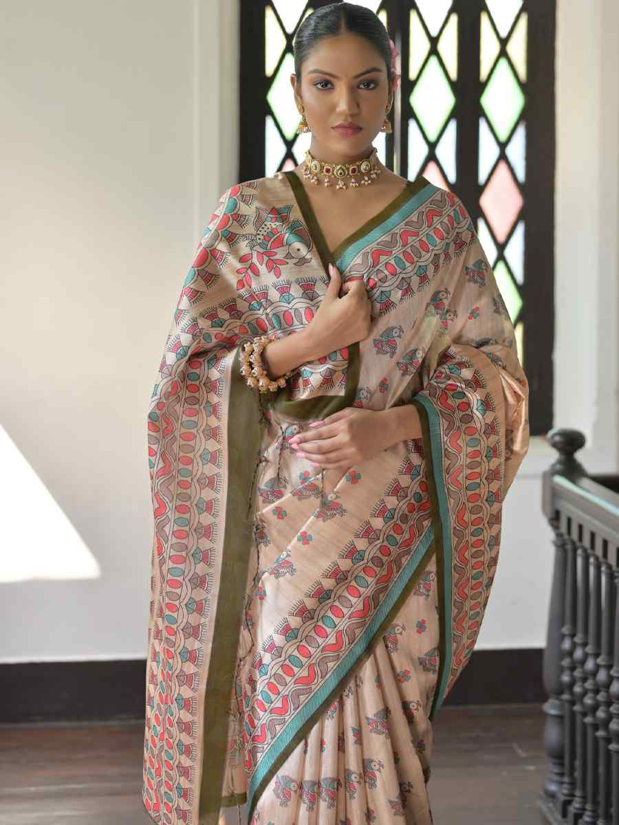 Multi Soft Tussar Silk Printed Festival Wedding Fancy Heavy Border Saree