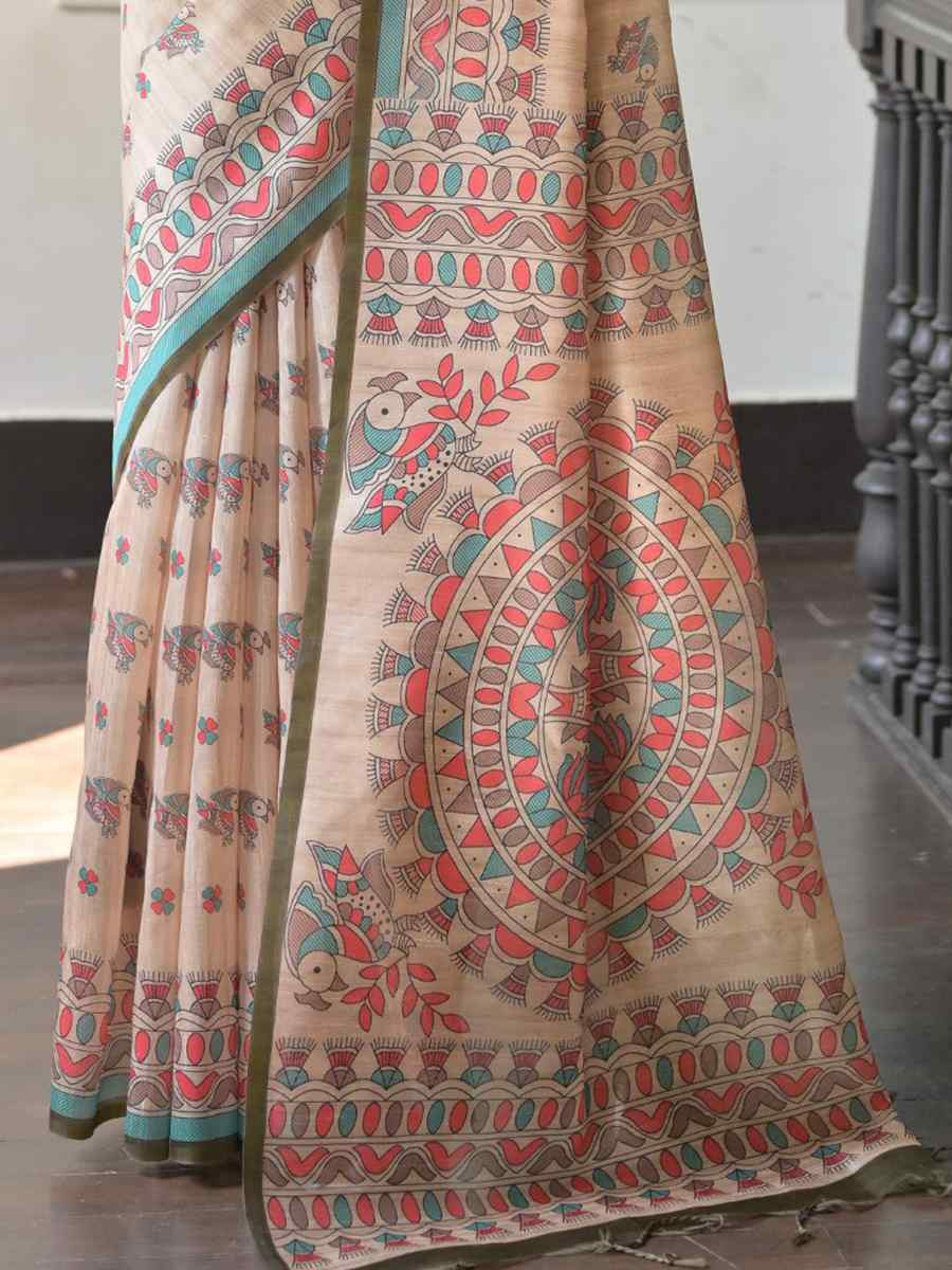 Multi Soft Tussar Silk Printed Festival Wedding Fancy Heavy Border Saree
