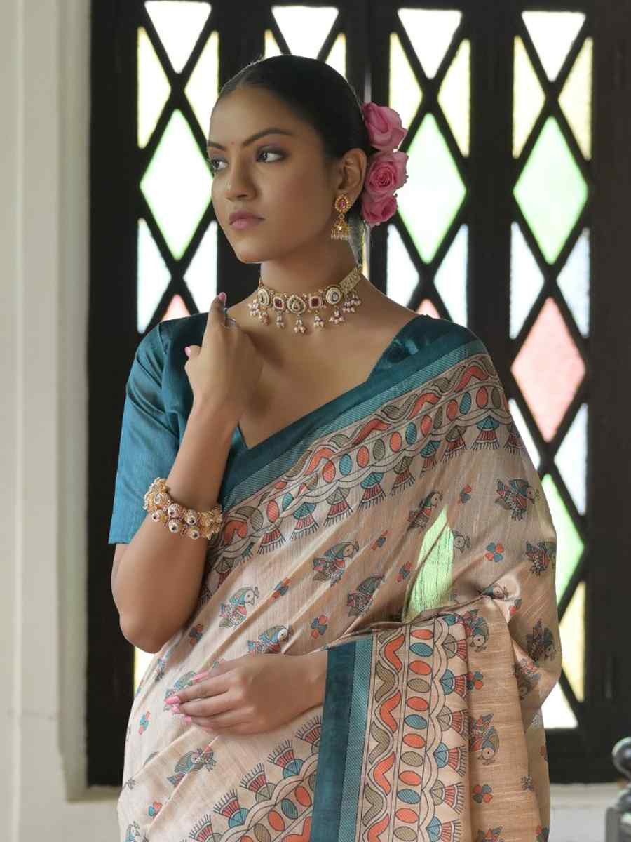 Multi Soft Tussar Silk Printed Festival Wedding Fancy Heavy Border Saree