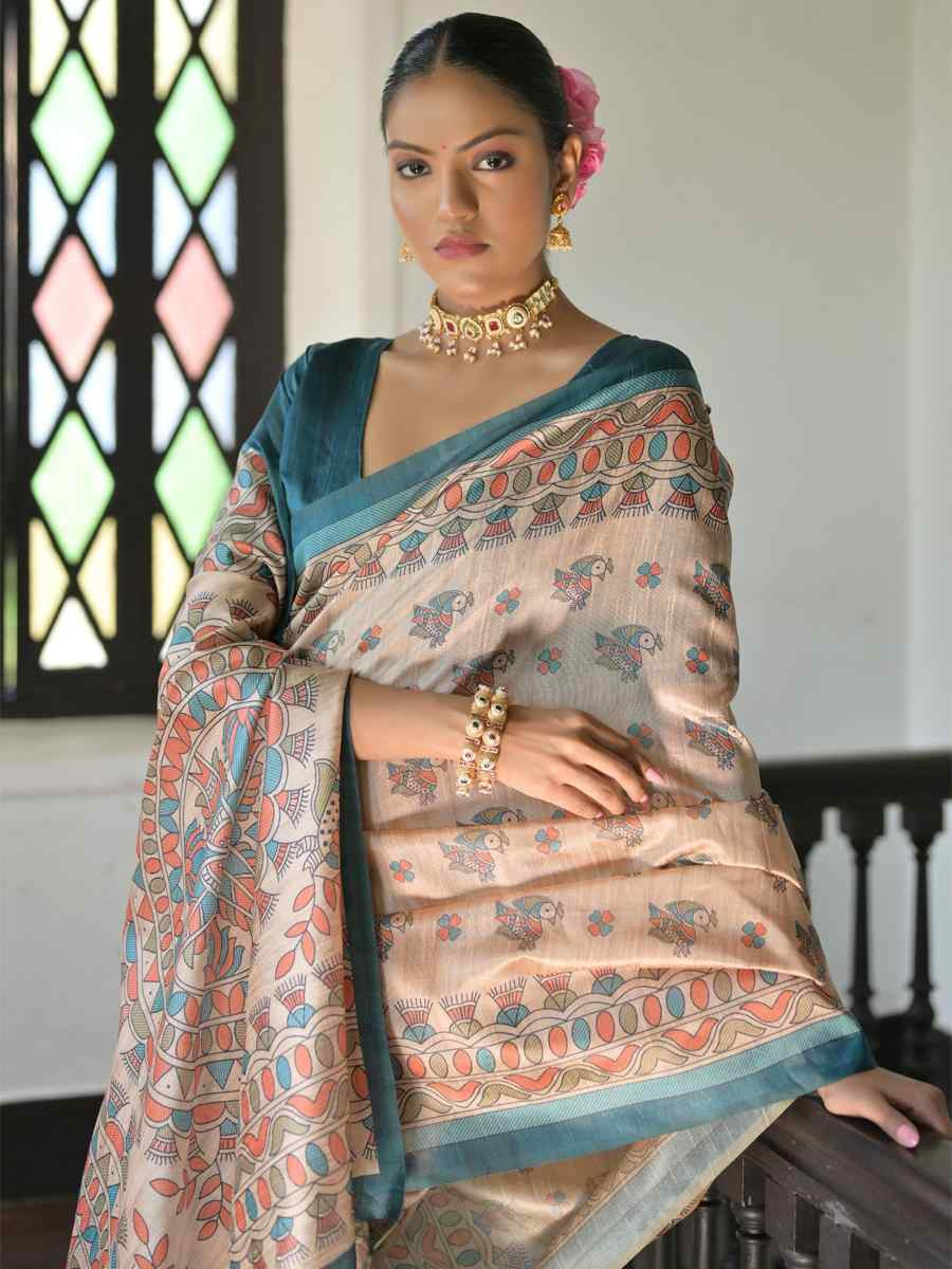 Multi Soft Tussar Silk Printed Festival Wedding Fancy Heavy Border Saree
