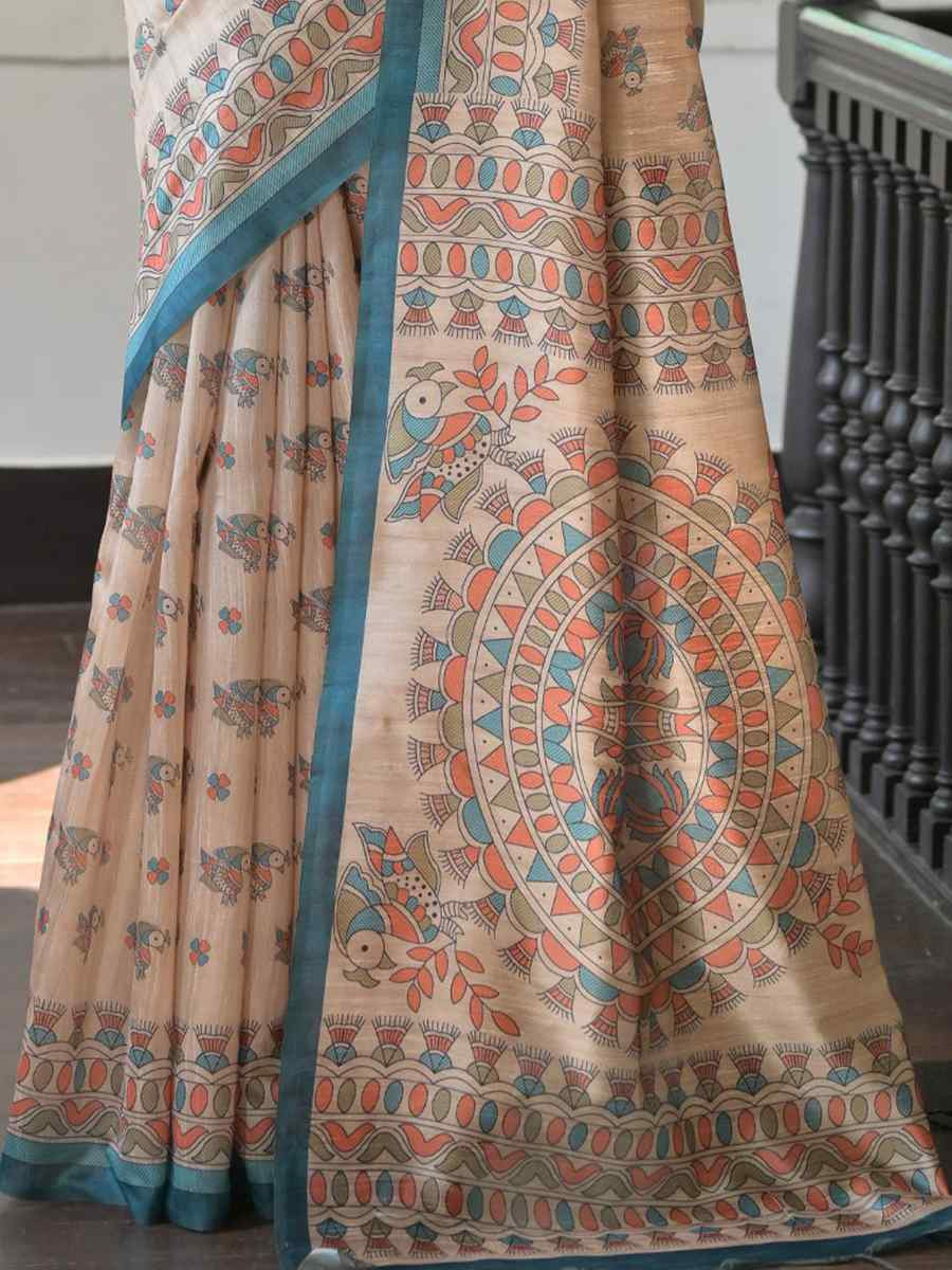 Multi Soft Tussar Silk Printed Festival Wedding Fancy Heavy Border Saree