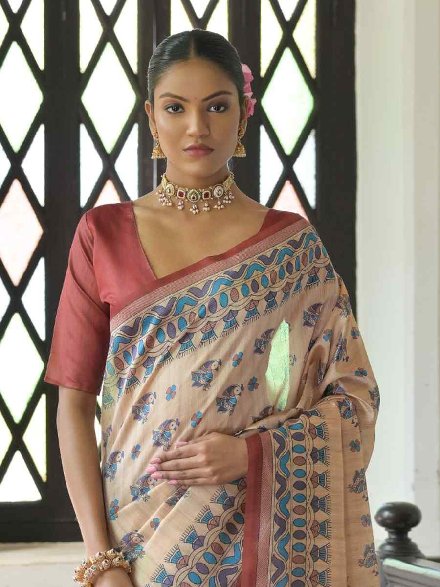 Multi Soft Tussar Silk Printed Festival Wedding Fancy Heavy Border Saree
