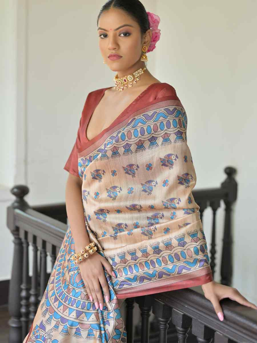 Multi Soft Tussar Silk Printed Festival Wedding Fancy Heavy Border Saree