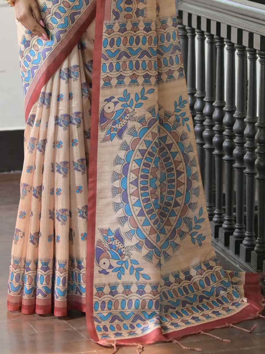 Multi Soft Tussar Silk Printed Festival Wedding Fancy Heavy Border Saree