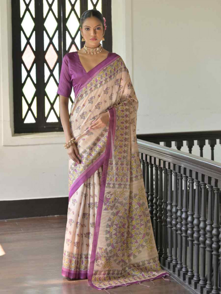 Image of Multi Soft Tussar Silk Printed Festival Wedding Fancy Heavy Border Saree