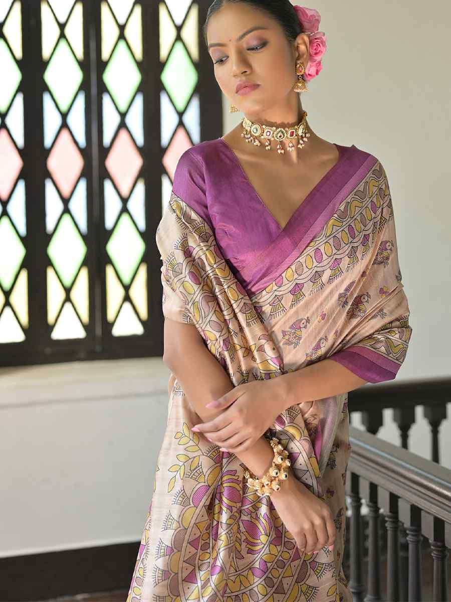 Multi Soft Tussar Silk Printed Festival Wedding Fancy Heavy Border Saree